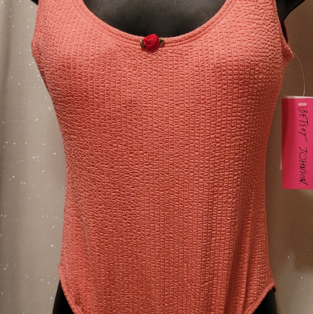 One-piece swimsuit by Betsey Johnson pink retro style rosebud detail, small NEW - Picture 4 of 16